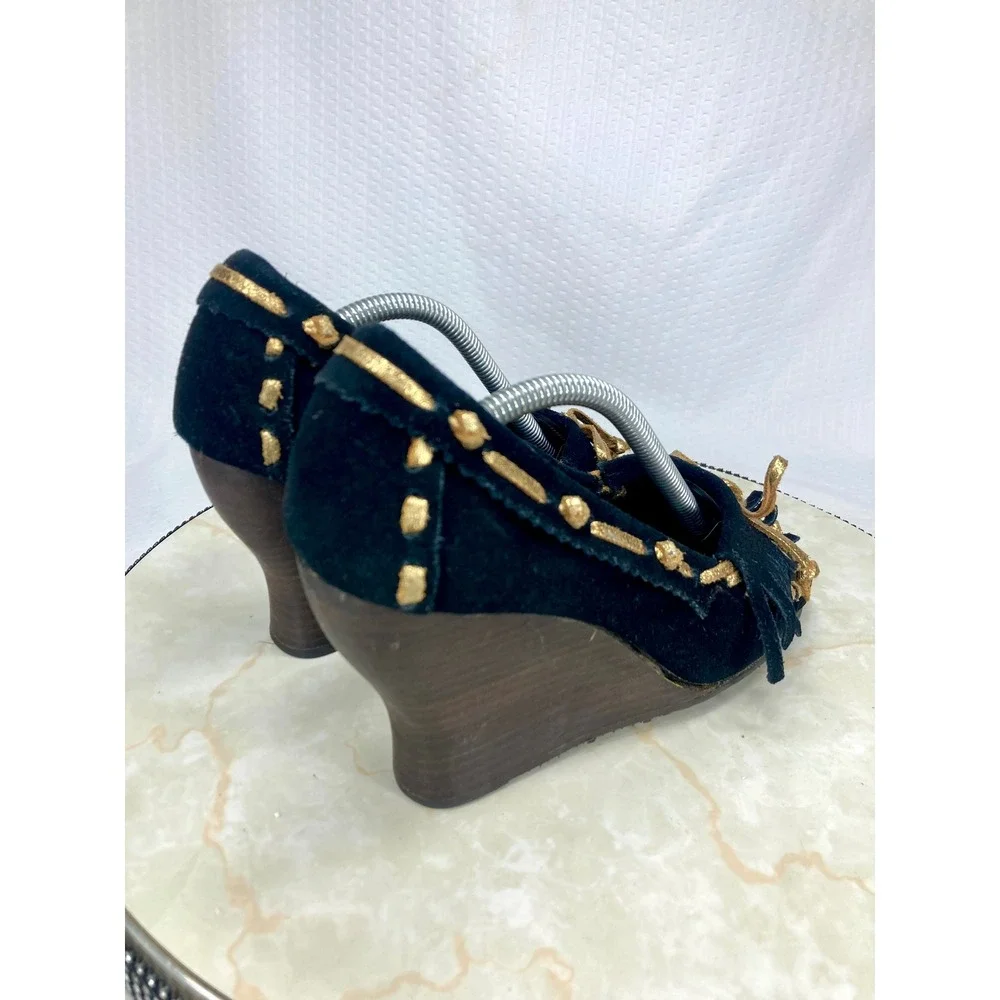 Sam Edelman Studded Fringe Moccasin Wedge Heels Womens 7.5 Black Leather Western